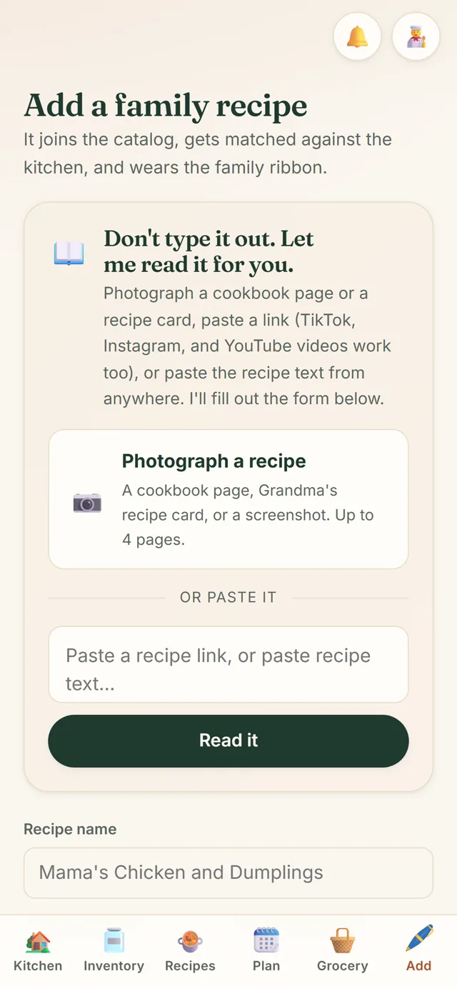 The Add a family recipe screen: photograph a cookbook page or paste a link, and the form fills itself in.