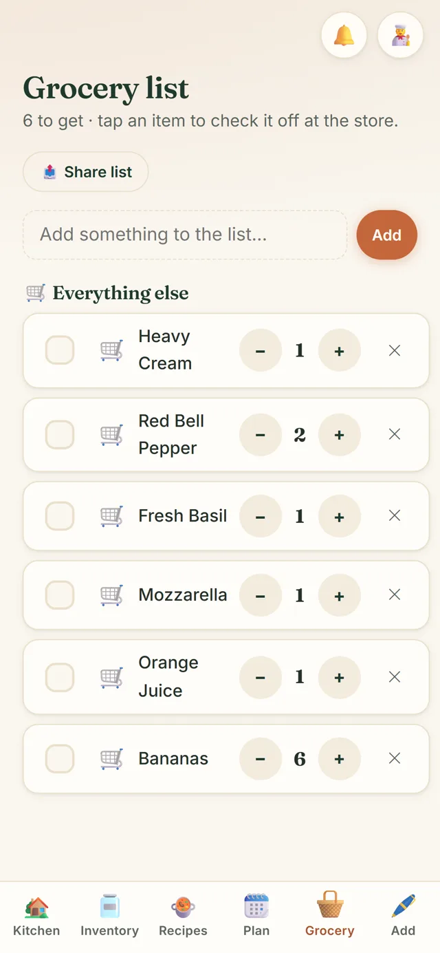 The shared grocery list: six things to get, each with a quantity, and a Share list button.