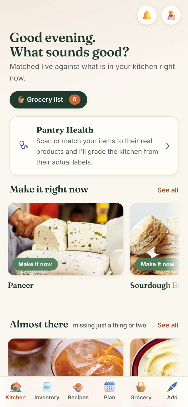 The Pantry home screen: Good evening, what sounds good? with Make it right now and Almost there recipe rows