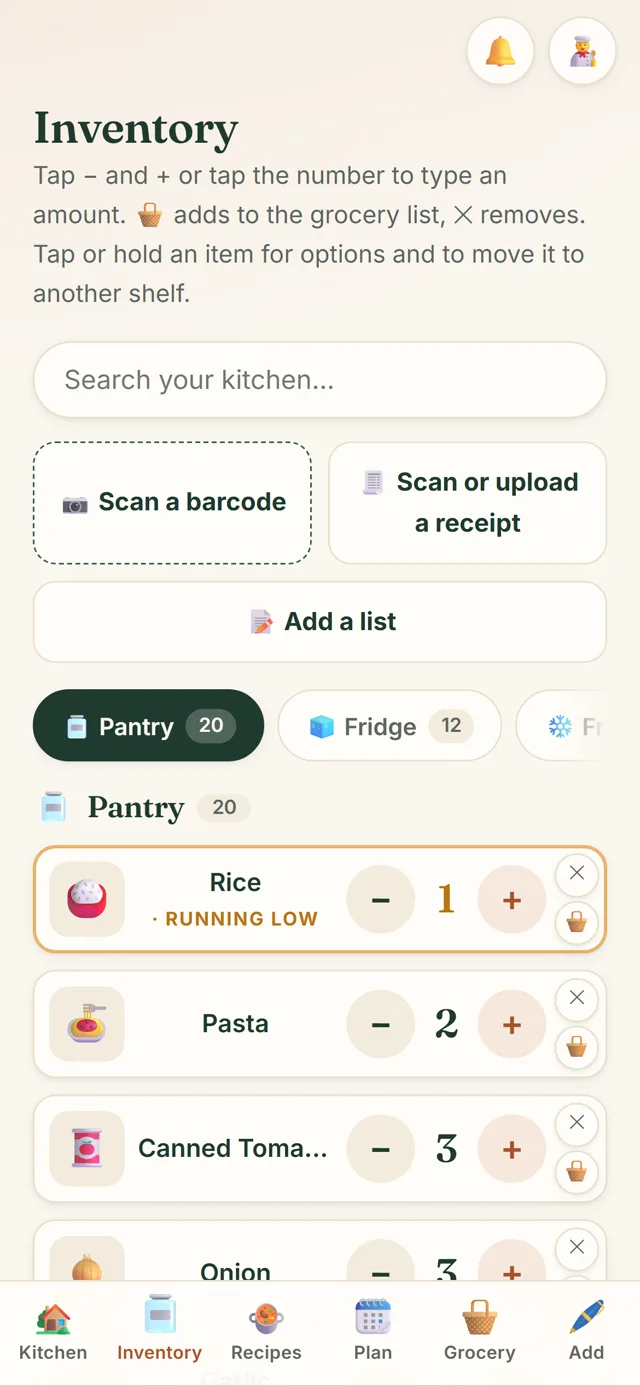 The Pantry inventory screen with Scan a barcode and Scan or upload a receipt buttons above the pantry shelf