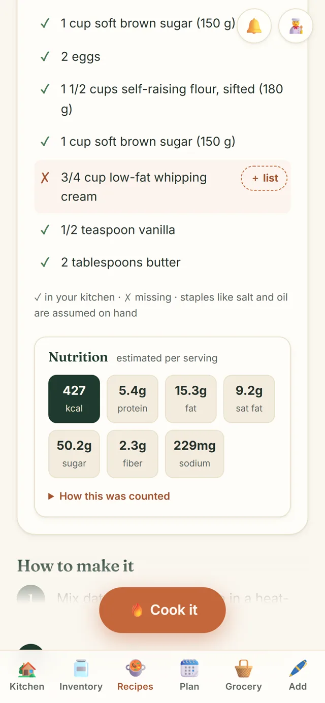 A recipe in The Pantry with each ingredient line ticked as in your kitchen or marked missing, and a Cook it button