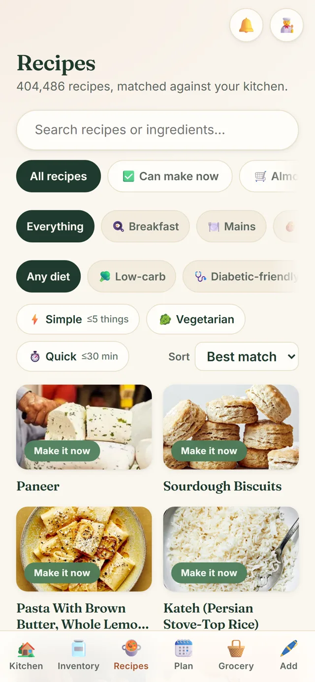 The Pantry recipes screen with the Can make now filter and category chips