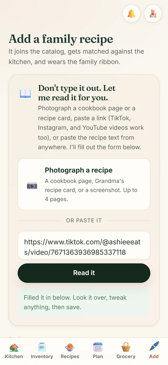 The Pantry add a family recipe screen with a TikTok link pasted in and the message Filled it in below